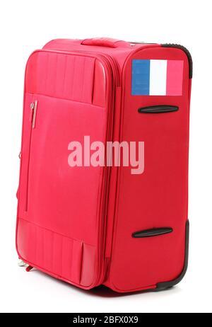 Red Suitcase With Sticker With Flag Of France Isolated On White Stock 