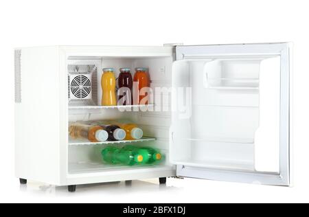 mini fridge full of bottled water isolated on white Stock Photo - Alamy