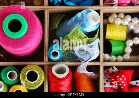 thread and material for handicrafts in box close-up Stock Photo