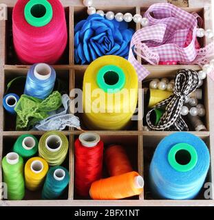 thread and material for handicrafts in box isolated on white Stock Photo