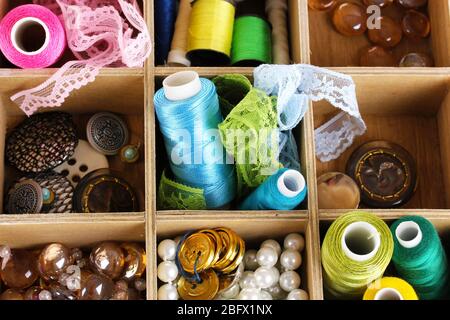 thread and material for handicrafts in box close-up Stock Photo