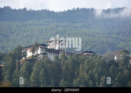 Jakar Dzong sits on a ridge above Jakar town in the Chamkhar valley of Bumthang, Bhutan. Stock Photo