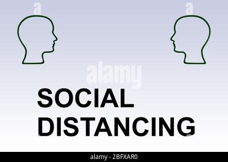 3D illustration of two head silhouettes above SOCIAL DISTANCING title, isolated over blue gradient. Stock Photo