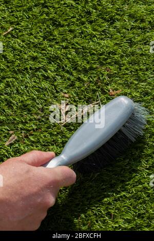 Man brushing rubbish on artifiicial grass turf with a hand brush in sunshine.  Garden chore concept Stock Photo