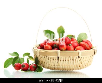 ripe hip roses with leaves in basket, isolated on white Stock Photo