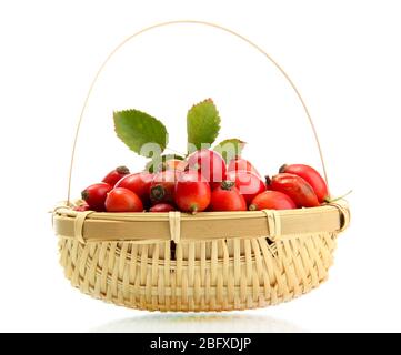 ripe hip roses with leaves in basket, isolated on white Stock Photo