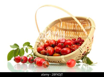ripe hip roses with leaves in basket, isolated on white Stock Photo
