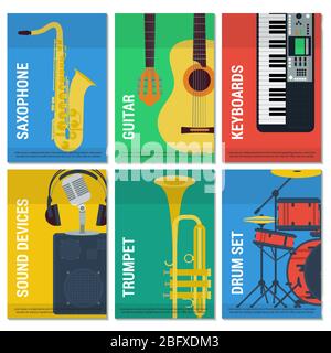 Six flat banners musical instruments Stock Vector