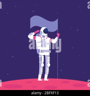 Mars colonization. Astronaut holging flag on red planet in outer space. Mars project astronautics vector concept. Illustration of astronaut spaceman e Stock Vector