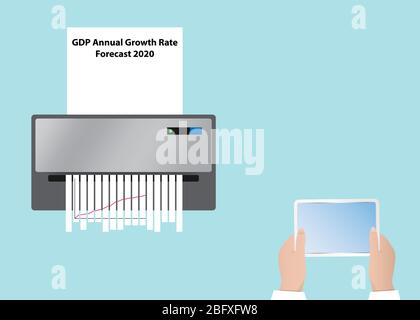 Vector showing Shredder with GDP Annual Growth Rate Forecast 2020 list and hands holding empty tablet ready for your text. Stock Vector