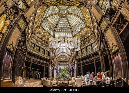 interior of  the famous ornate city passage Paris Courtyard (Parizsi Udvar)(Parisian Passage),after renovation opened in June 2019,as a Hyatt property Stock Photo