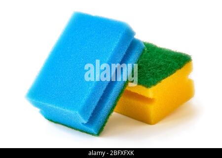 Blue and yellow sponges isolated on white. Stock Photo