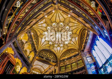 Interior of  the famous ornate city passage Paris Courtyard (Parizsi Udvar)(Parisian Passage)after 4 years renovation opened in June 2019,at Budapest. Stock Photo