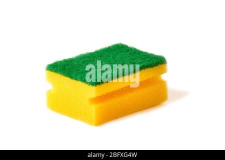 yellow dish washing sponge isolated on white. Stock Photo