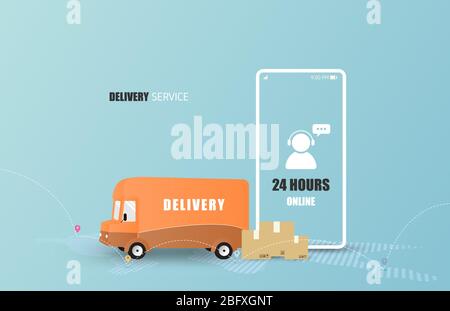Online delivery service concept. Mobile order tracking. Delivery van to destination. Online logistics. Delivery on smartphone. Vector illustration Stock Vector