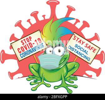 frog cartoon with mask on signboard against coronavirus Stock Vector