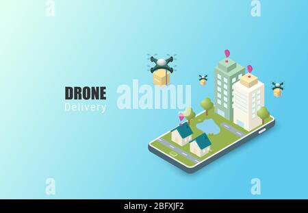 Online delivery service concept. isometric. Mobile order tracking. Delivery drones to destination. Online city logistics. Delivery on smartphone. Vect Stock Vector
