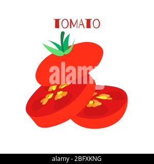 whole tomato sliced cut for 3 parts. vector flat design style isolated on white with caption Stock Vector