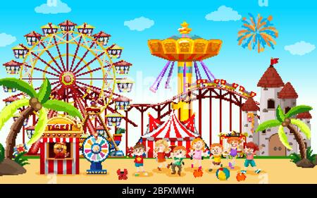 Themepark scene with many rides and happy children illustration Stock ...