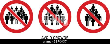 Avoid crowds social distancing sign. Group of people drawing in red crossed circle. Icon can be used during coronavirus or covid19 outbreak Stock Vector