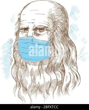 Hand drawn vector portrait. Leonardo Da Vinci with medical mask Stock Vector