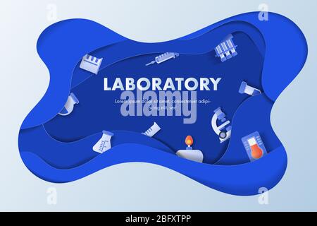 Laboratory equipment in paper art style with copy space for text or message. Concept science vector illustration. Stock Vector