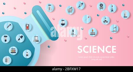 Laboratory equipment icon in paper art style with copy space for texts or messages. Concept science and lab vector illustration. Stock Vector