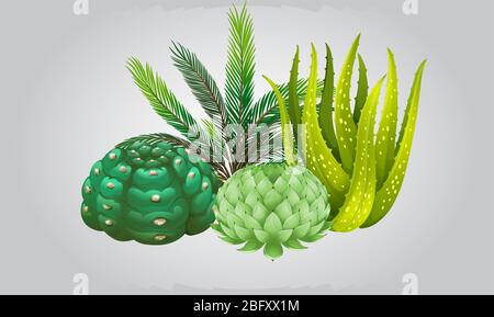 dry wooden tree with small mushroom plants and leaves on abstract background Stock Vector