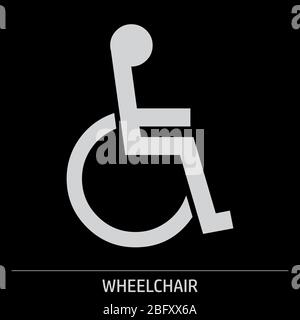 Wheelchair icon illustration on gray background with label Stock Vector