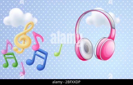 headphone, violin key and music icon on abstract cloud background Stock Vector