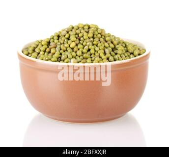 Green mung beans in bowl isolated on white Stock Photo
