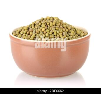 Green mung beans in bowl isolated on white Stock Photo