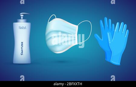 hand sanitizer bottle, face mask and hand gloves on abstract background Stock Vector