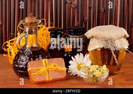 ingredients for soap making on brown background Stock Photo - Alamy