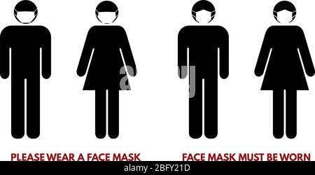 Please wear face nose mouth mask sign. Man and woman silhouette with piece of cloth over their faces. Symbol can be used during coronavirus or covid o Stock Vector