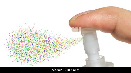 The detailed look on spray of bottle when squirt multi colored bubbles, macro view. Close up of a spray bottle drops isolated on white background. Stock Photo