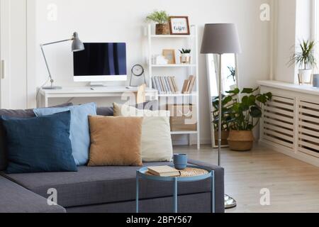 Background image of cozy apartment interior in minimal Scandinavian design and focus on grey sofa with decor elements, copy space Stock Photo