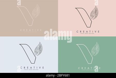 Outline Letter V Logo icon with Wired Leaf Concept Design on colorful backgrounds. Letter V with nature concept. Eco and Organic Letter Vector Illustr Stock Vector