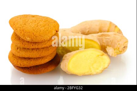 Ginger Cookies With Fresh Ginger Root Isolated On White Stock Photo Alamy