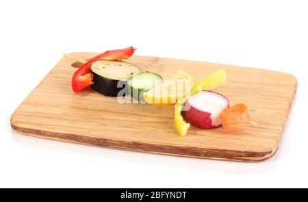 Sliced vegetables on wooden pick isolated on white Stock Photo