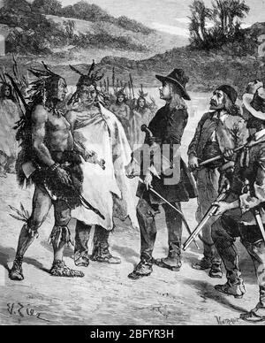 Cavelier de la Salle, aka René-Robert Cavelier, Sieur de La Salle (1643-1697) French Explorer & Fur Trader in North America, meeting Native Americans who Propose a Peace Pipe. La Salle was known for exploring the Great Lakes Region, the Ohio River, Mississippi River and the Gulf of Mexico. Vintage or Old Illustration or Engraving 1889 Stock Photo