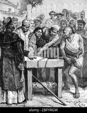 Death Penalty or Public Execution by Stretching or Dismemberment in China. Vintage or Old Illustration or Engraving 1890 Stock Photo