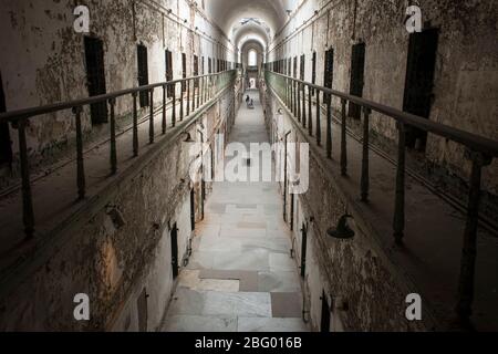 Horizontal view of one of the Eastern State Penitentiary corridors, Philadelphia, Pennsylvania Stock Photo