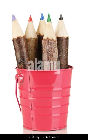 Colorful wooden pencils in pink purple green pail isolated on white Stock Photo