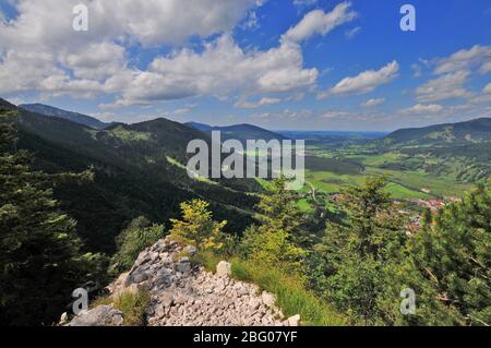 View from the summit of the Kofel (1342 m) at Oberammergau, Bavaria, to the northwest, right Oberammergau in the background Unterammergau, Germany, Eu Stock Photo