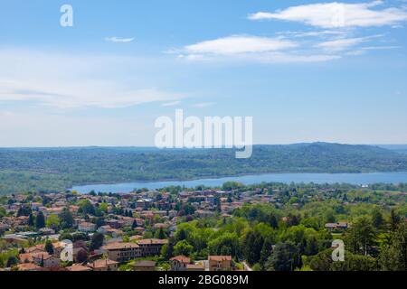 Panoramic View over Varese and Lake in a Sunny Day in Lombrady, Italy. Stock Photo