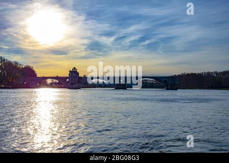 Pont Sant Benezet over Rhone River in Sunset, Avignon, Provence-Alpes, Cote d'Azur, France Stock Photo