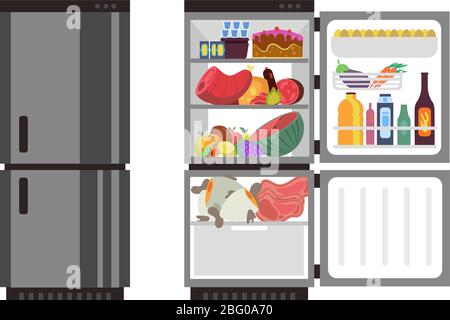 Open and close refrigerator. Kitchen fridge with food. Fridge with food, illustration of full refrigerator vector Stock Vector