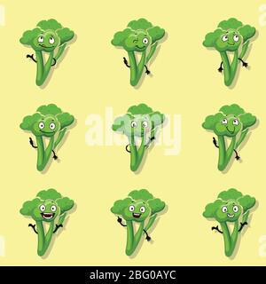 Broccoli positive emotions. Vector cartoon style character set of illustration Stock Vector