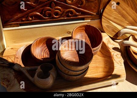 Kazakh ethnic wooden utensils on the fair market in Almaty, Kazakhstan Stock Photo